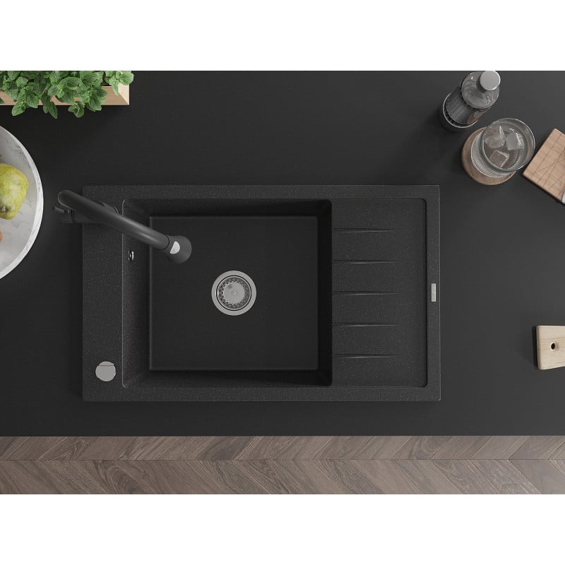 Mexen Elias zlewozmywak granitowy 1-komorowy z ociekaczem i baterią kuchenną Elia, czarny/srebrny metalik - 6511-73-670101-70