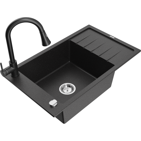 Mexen Elias zlewozmywak granitowy 1-komorowy z ociekaczem i baterią kuchenną Elia, czarny/srebrny metalik - 6511-73-670101-70