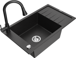 Mexen Elias zlewozmywak granitowy 1-komorowy z ociekaczem i baterią kuchenną Elia, czarny/srebrny metalik - 6511-73-670101-70