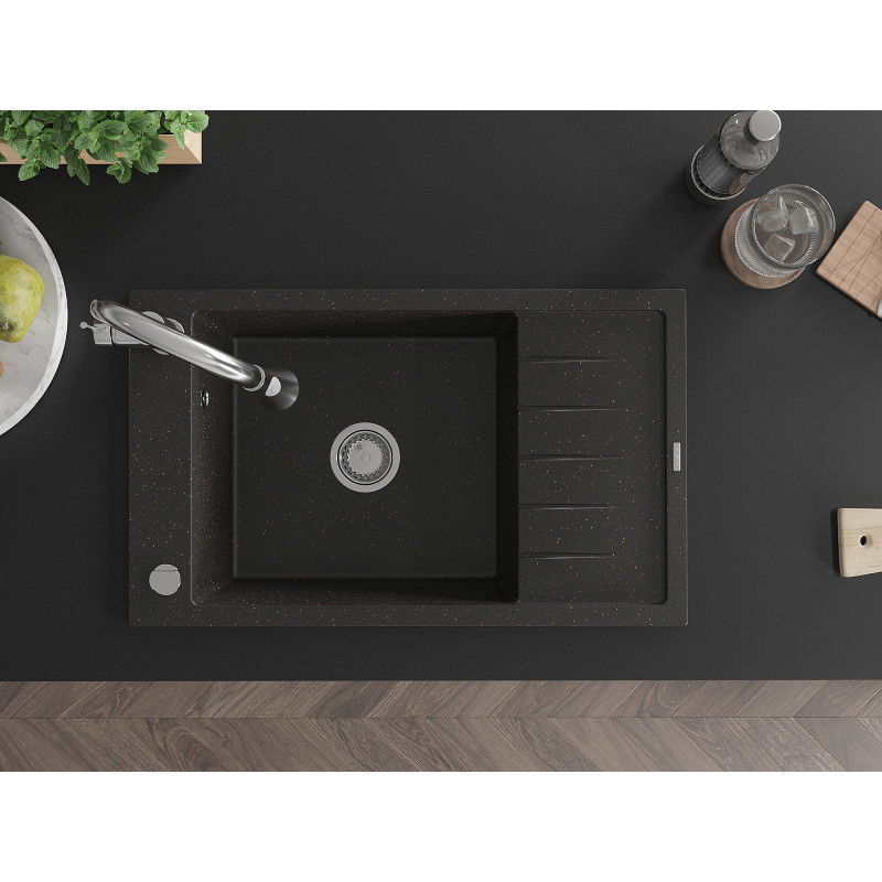 Mexen Elias zlewozmywak granitowy 1-komorowy z ociekaczem i baterią kuchenną Elia, czarny/złoty metalik - 6511-75-670101-00