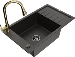 Mexen Elias zlewozmywak granitowy 1-komorowy z ociekaczem i baterią kuchenną Elia, czarny/złoty metalik - 6511-75-670101-50-B