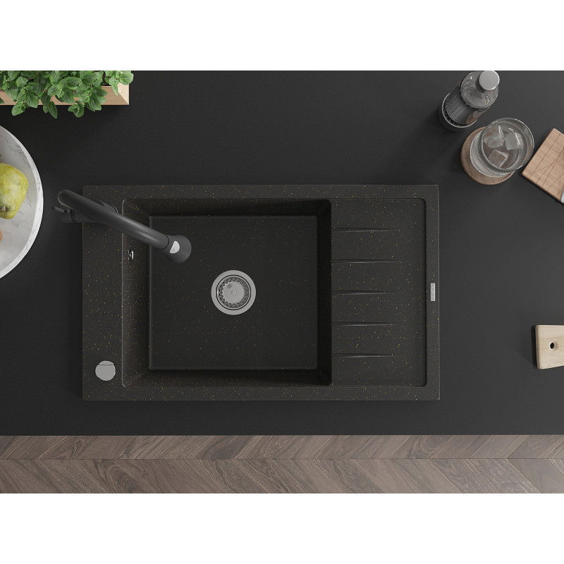 Mexen Elias zlewozmywak granitowy 1-komorowy z ociekaczem i baterią kuchenną Elia, czarny/złoty metalik - 6511-75-670101-70