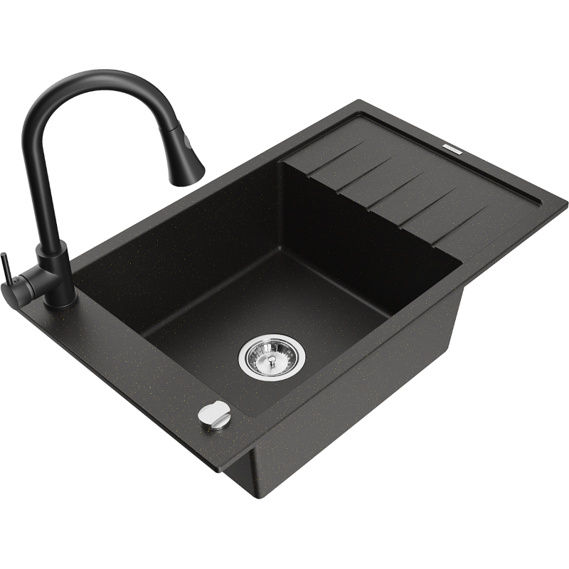 Mexen Elias zlewozmywak granitowy 1-komorowy z ociekaczem i baterią kuchenną Elia, czarny/złoty metalik - 6511-75-670101-70