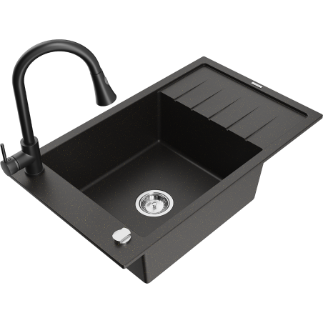 Mexen Elias zlewozmywak granitowy 1-komorowy z ociekaczem i baterią kuchenną Elia, czarny/złoty metalik - 6511-75-670101-70
