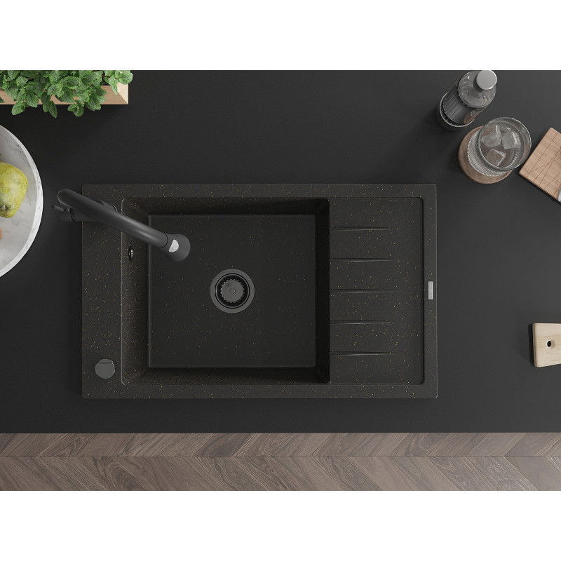 Mexen Elias zlewozmywak granitowy 1-komorowy z ociekaczem i baterią kuchenną Elia, czarny/złoty metalik - 6511-75-670101-70-B