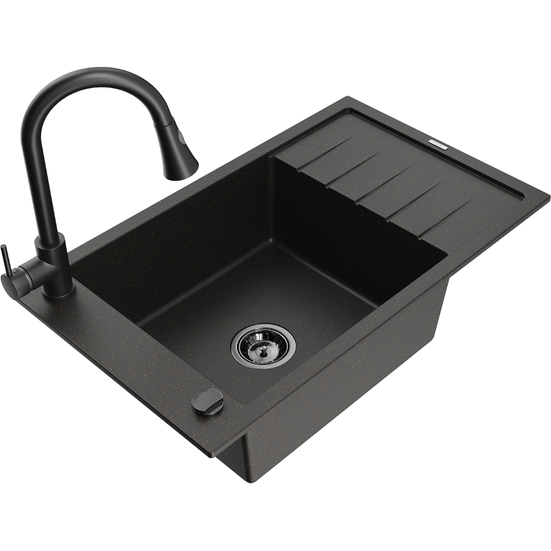 Mexen Elias zlewozmywak granitowy 1-komorowy z ociekaczem i baterią kuchenną Elia, czarny/złoty metalik - 6511-75-670101-70-B