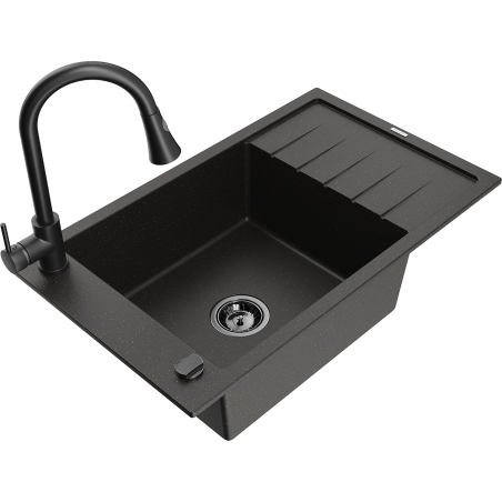 Mexen Elias zlewozmywak granitowy 1-komorowy z ociekaczem i baterią kuchenną Elia, czarny/złoty metalik - 6511-75-670101-70-B