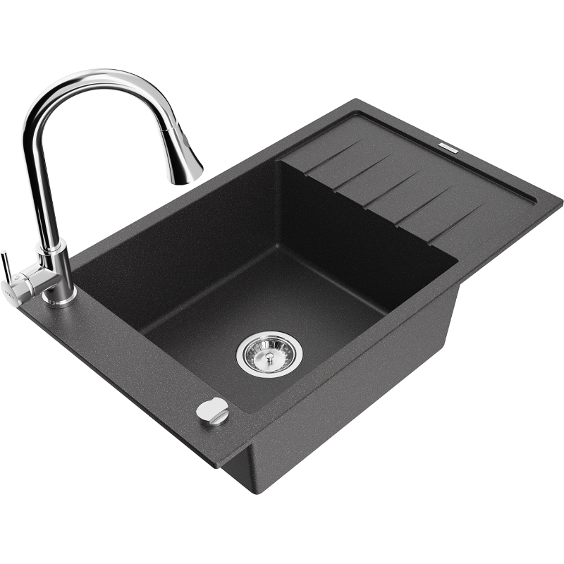 Mexen Elias zlewozmywak granitowy 1-komorowy z ociekaczem i baterią kuchenną Elia, czarny nakrapiany - 6511-76-670101-00