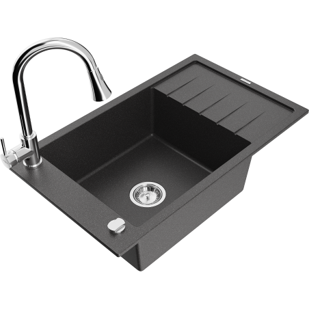 Mexen Elias zlewozmywak granitowy 1-komorowy z ociekaczem i baterią kuchenną Elia, czarny nakrapiany - 6511-76-670101-00