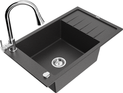 Mexen Elias zlewozmywak granitowy 1-komorowy z ociekaczem i baterią kuchenną Elia, czarny nakrapiany - 6511-76-670101-00