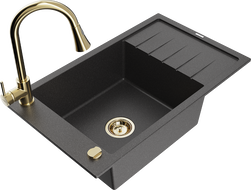 Mexen Elias zlewozmywak granitowy 1-komorowy z ociekaczem i baterią kuchenną Elia, czarny nakrapiany - 6511-76-670101-50