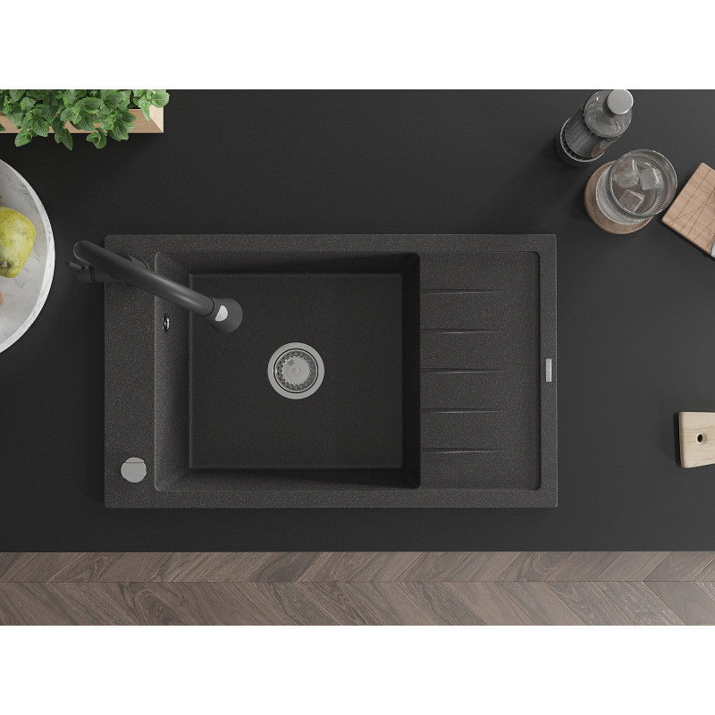Mexen Elias zlewozmywak granitowy 1-komorowy z ociekaczem i baterią kuchenną Elia, czarny nakrapiany - 6511-76-670101-70