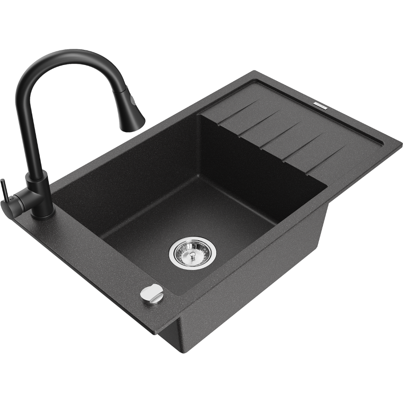 Mexen Elias zlewozmywak granitowy 1-komorowy z ociekaczem i baterią kuchenną Elia, czarny nakrapiany - 6511-76-670101-70