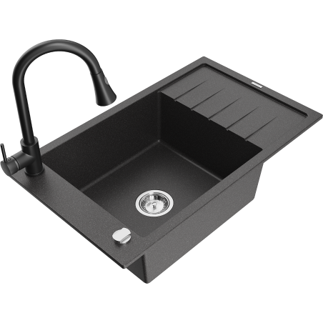 Mexen Elias zlewozmywak granitowy 1-komorowy z ociekaczem i baterią kuchenną Elia, czarny nakrapiany - 6511-76-670101-70
