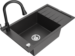 Mexen Elias zlewozmywak granitowy 1-komorowy z ociekaczem i baterią kuchenną Elia, czarny nakrapiany - 6511-76-670101-70
