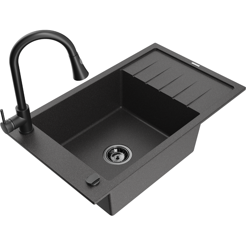 Mexen Elias zlewozmywak granitowy 1-komorowy z ociekaczem i baterią kuchenną Elia, czarny nakrapiany - 6511-76-670101-70-B