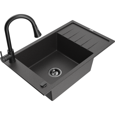 Mexen Elias zlewozmywak granitowy 1-komorowy z ociekaczem i baterią kuchenną Elia, czarny nakrapiany - 6511-76-670101-70-B