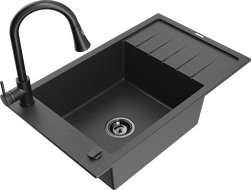 Mexen Elias zlewozmywak granitowy 1-komorowy z ociekaczem i baterią kuchenną Elia, czarny nakrapiany - 6511-76-670101-70-B