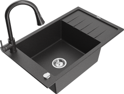 Mexen Elias zlewozmywak granitowy 1-komorowy z ociekaczem i baterią kuchenną Elia, czarny nakrapiany - 6511-76-670101-76