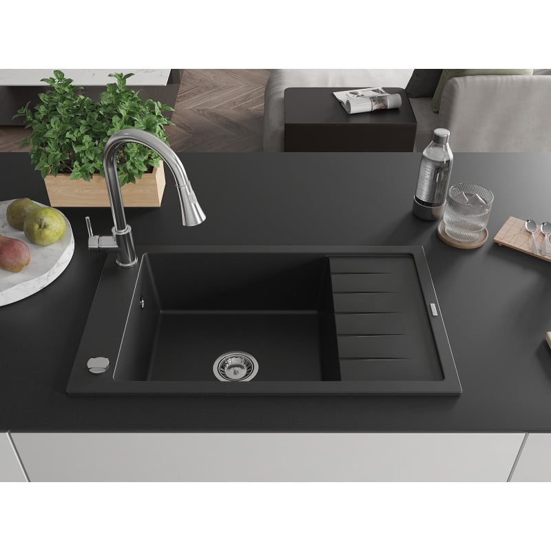 Mexen Elias zlewozmywak granitowy 1-komorowy z ociekaczem i baterią kuchenną Elia, czarny - 6511-77-670101-00