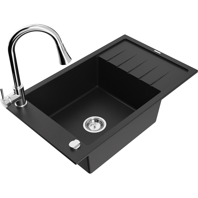 Mexen Elias zlewozmywak granitowy 1-komorowy z ociekaczem i baterią kuchenną Elia, czarny - 6511-77-670101-00