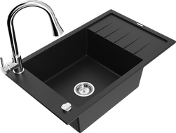 Mexen Elias zlewozmywak granitowy 1-komorowy z ociekaczem i baterią kuchenną Elia, czarny - 6511-77-670101-00