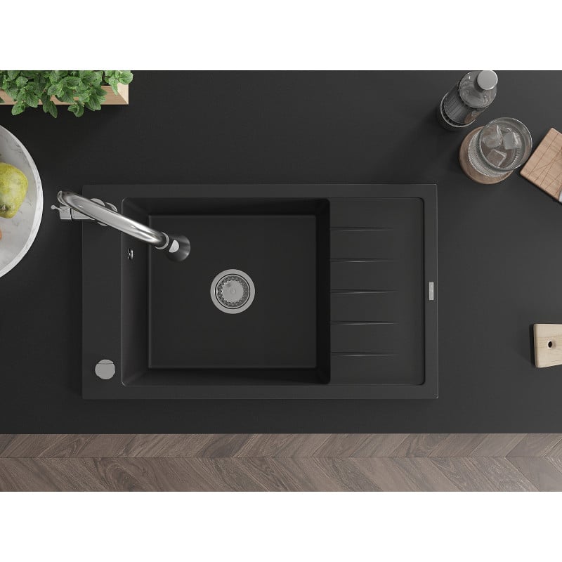 Mexen Elias zlewozmywak granitowy 1-komorowy z ociekaczem i baterią kuchenną Elia, czarny - 6511-77-670101-00