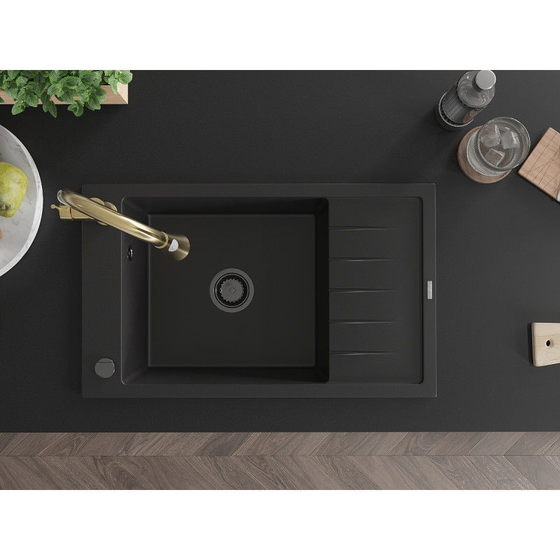 Mexen Elias zlewozmywak granitowy 1-komorowy z ociekaczem i baterią kuchenną Elia, czarny - 6511-77-670101-50-B