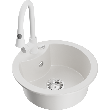 Mexen Diego zlewozmywak granitowy 1-komorowy z baterią kuchenną Elia, biały - 6512-20-670101-20