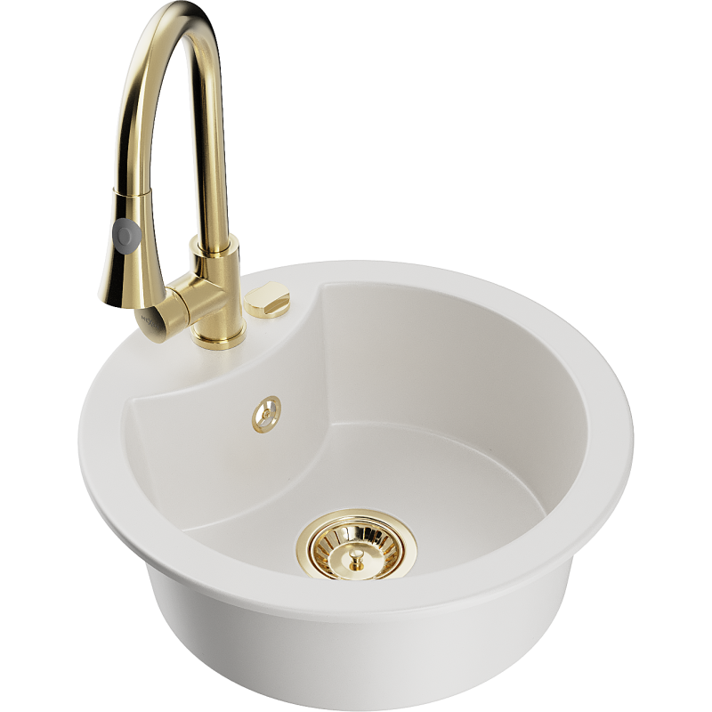 Mexen Diego zlewozmywak granitowy 1-komorowy z baterią kuchenną Elia, biały - 6512-20-670101-50