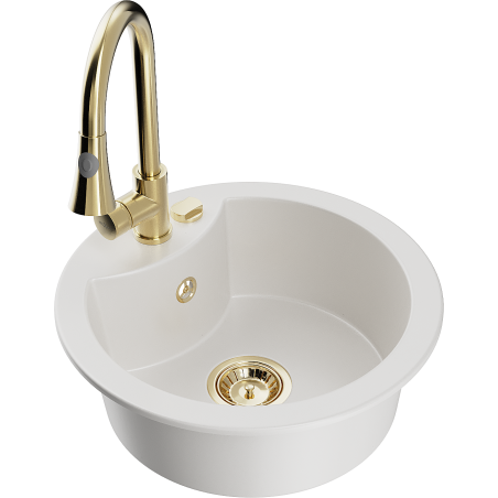 Mexen Diego zlewozmywak granitowy 1-komorowy z baterią kuchenną Elia, biały - 6512-20-670101-50