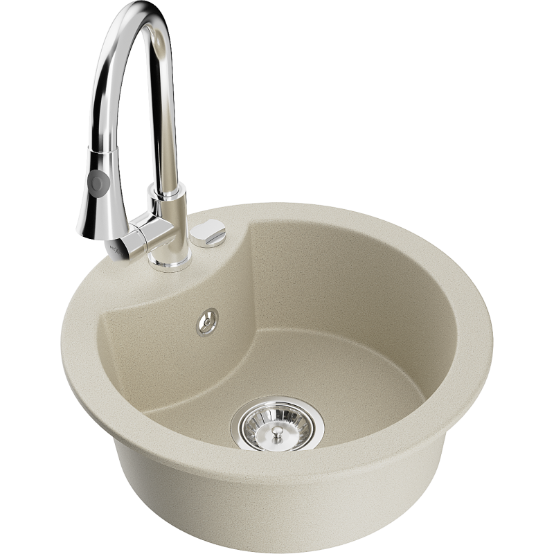 Mexen Diego zlewozmywak granitowy 1-komorowy z baterią kuchenną Elia, beżowy - 6512-69-670101-00