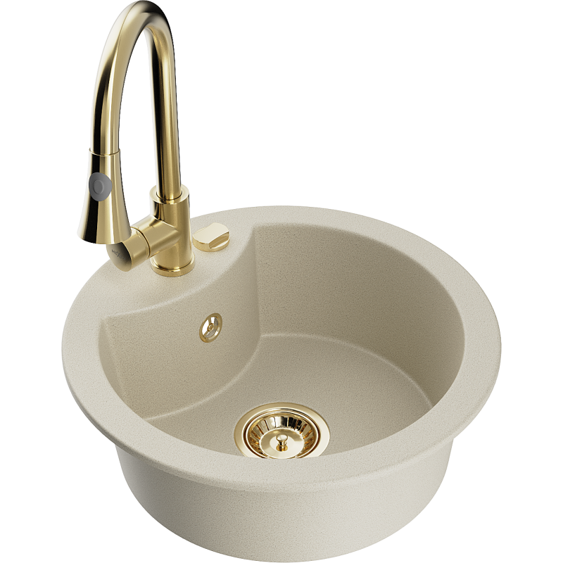 Mexen Diego zlewozmywak granitowy 1-komorowy z baterią kuchenną Elia, beżowy - 6512-69-670101-50