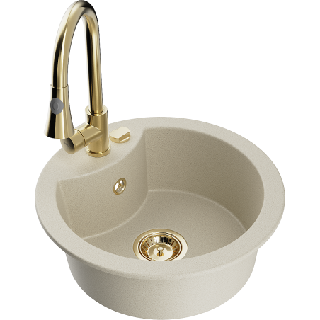 Mexen Diego zlewozmywak granitowy 1-komorowy z baterią kuchenną Elia, beżowy - 6512-69-670101-50