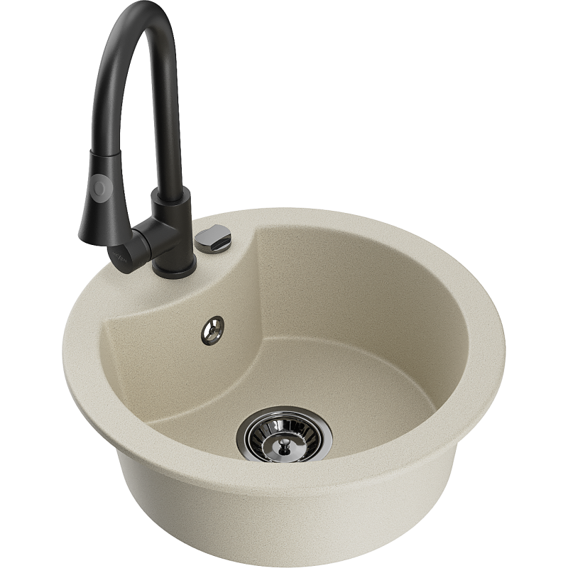 Mexen Diego zlewozmywak granitowy 1-komorowy z baterią kuchenną Elia, beżowy - 6512-69-670101-70