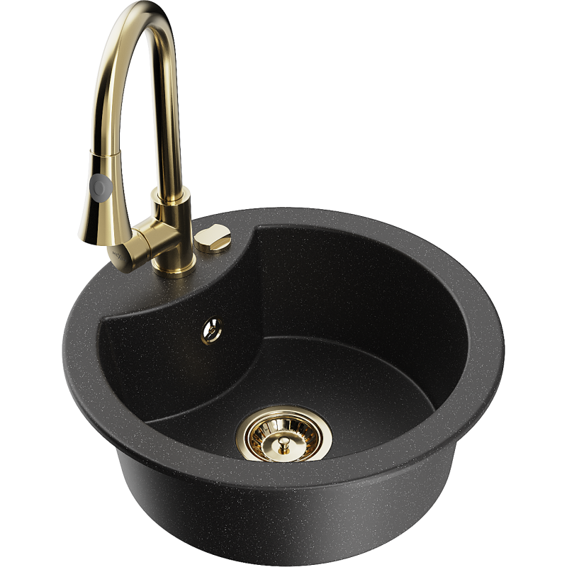 Mexen Diego zlewozmywak granitowy 1-komorowy z baterią kuchenną Elia, czarny/srebrny metalik - 6512-73-670101-50