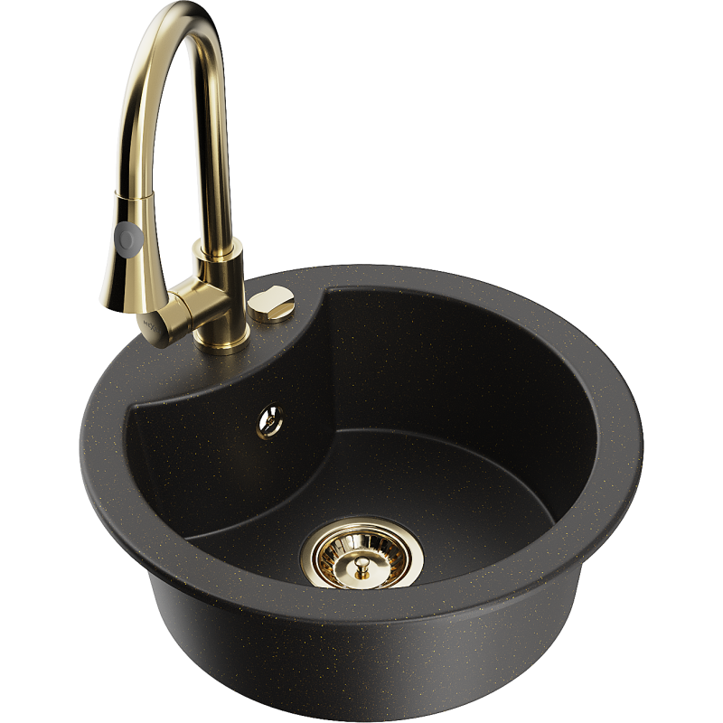 Mexen Diego zlewozmywak granitowy 1-komorowy z baterią kuchenną Elia, czarny/złoty metalik - 6512-75-670101-50