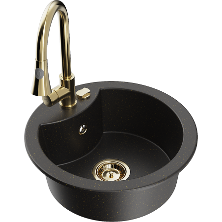 Mexen Diego zlewozmywak granitowy 1-komorowy z baterią kuchenną Elia, czarny/złoty metalik - 6512-75-670101-50