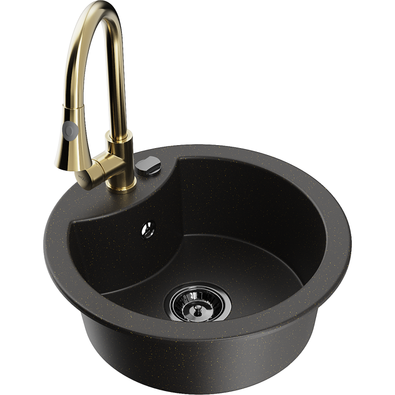 Mexen Diego zlewozmywak granitowy 1-komorowy z baterią kuchenną Elia, czarny/złoty metalik - 6512-75-670101-50-B