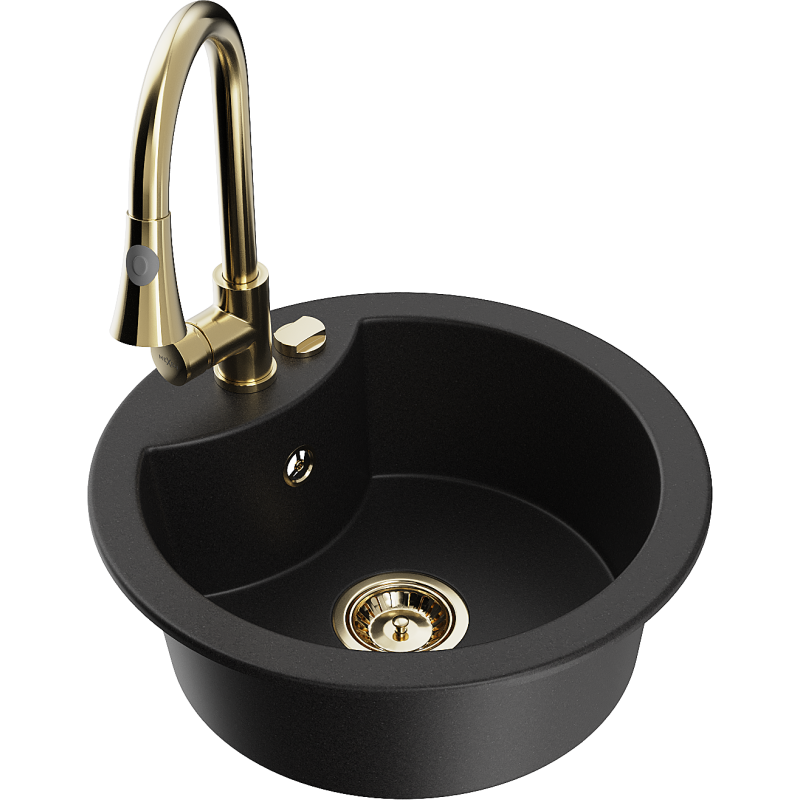 Mexen Diego zlewozmywak granitowy 1-komorowy z baterią kuchenną Elia, czarny - 6512-77-670101-50