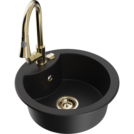 Mexen Diego zlewozmywak granitowy 1-komorowy z baterią kuchenną Elia, czarny - 6512-77-670101-50