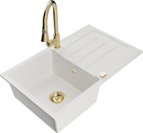 Mexen Bruno zlewozmywak granitowy 1-komorowy z ociekaczem i baterią kuchenną Elia, biały - 6513-20-670101-50