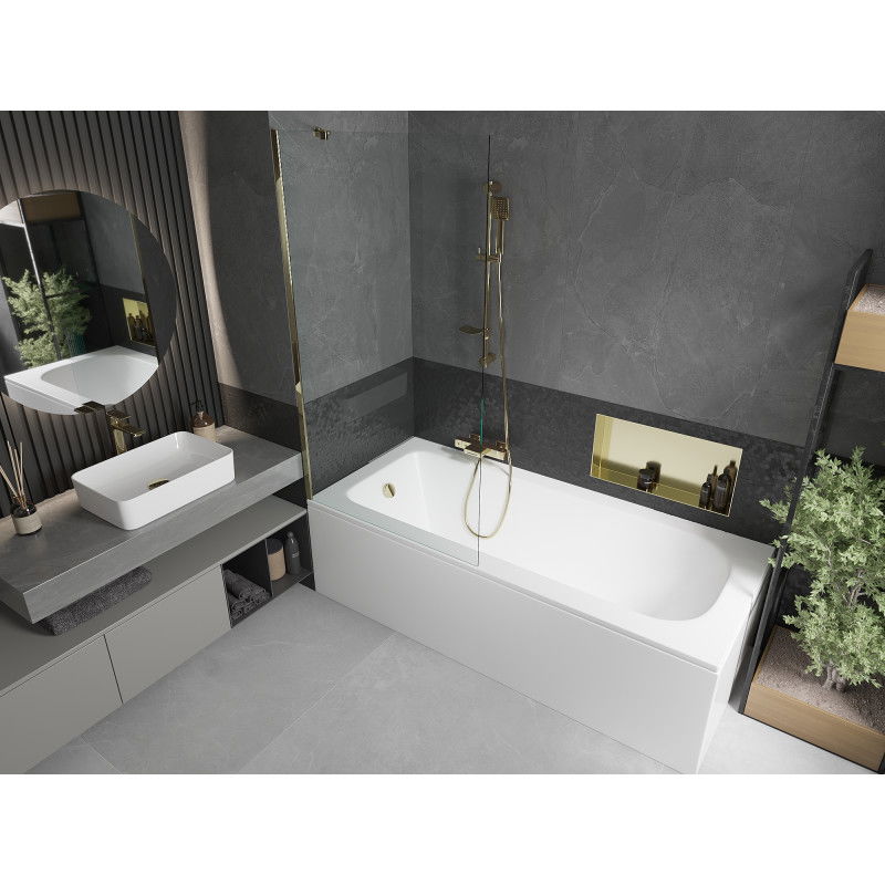 Mexen Vega wanna prostokątna 160 x 70 cm z obudową i parawanem 1-skrzydłowym 90 cm, transparent, złoty - 550116070X9509000050