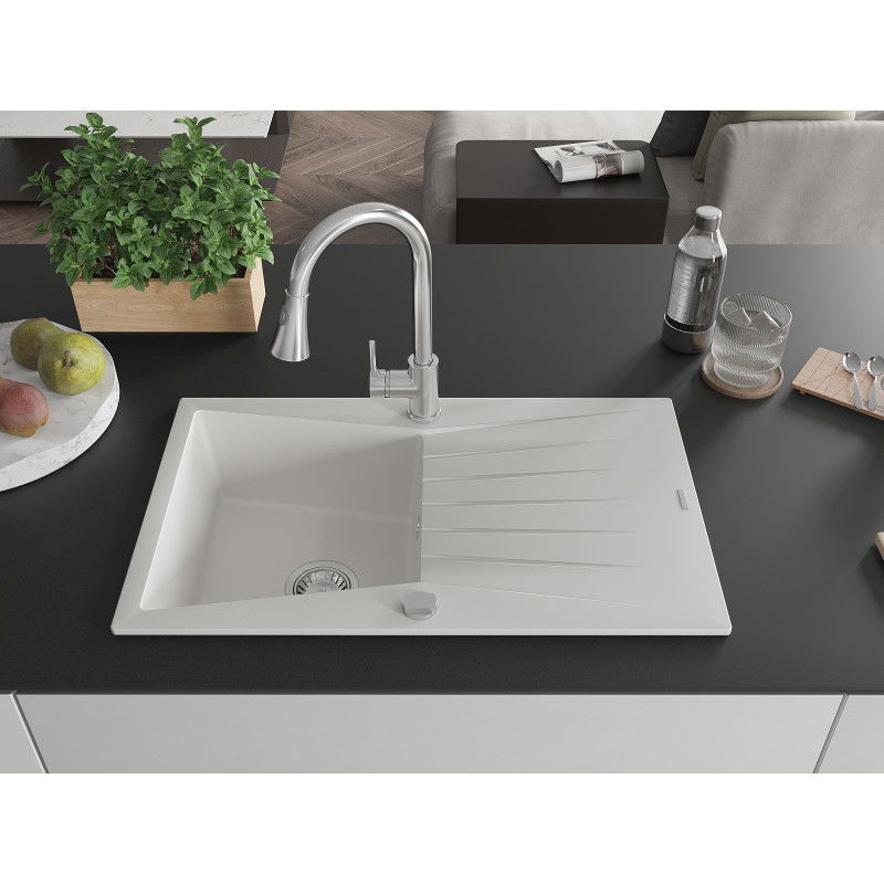 Mexen Cesar zlewozmywak granitowy 1-komorowy z ociekaczem i baterią kuchenną Elia, biały - 6514-20-670101-00