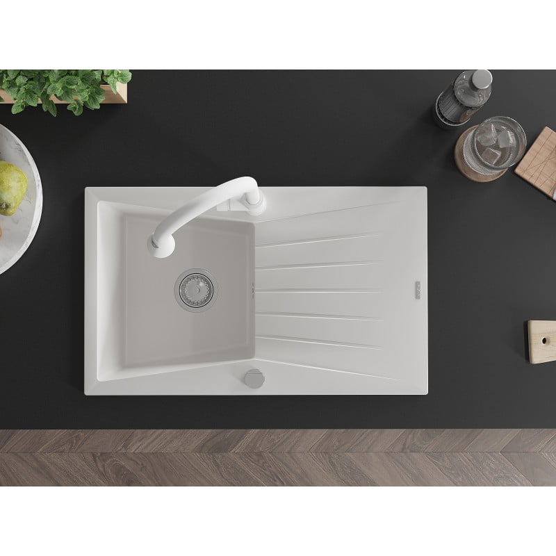 Mexen Cesar zlewozmywak granitowy 1-komorowy z ociekaczem i baterią kuchenną Elia, biały - 6514-20-670101-20