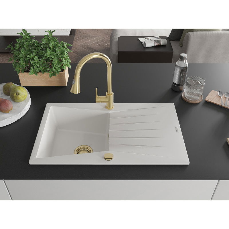 Mexen Cesar zlewozmywak granitowy 1-komorowy z ociekaczem i baterią kuchenną Elia, biały - 6514-20-670101-50