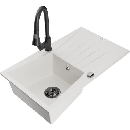 Mexen Cesar zlewozmywak granitowy 1-komorowy z ociekaczem i baterią kuchenną Elia, biały - 6514-20-670101-70