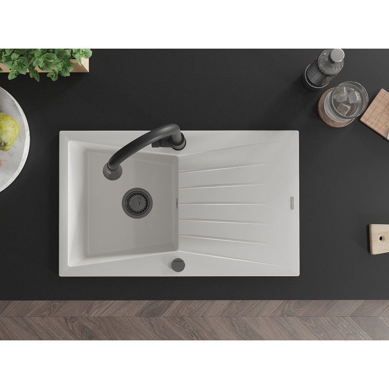 Mexen Cesar zlewozmywak granitowy 1-komorowy z ociekaczem i baterią kuchenną Elia, biały - 6514-20-670101-70