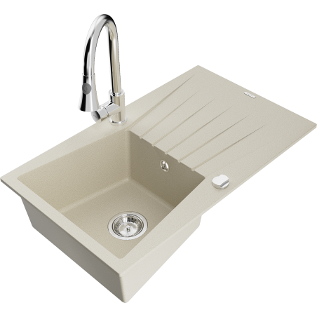 Mexen Cesar zlewozmywak granitowy 1-komorowy z ociekaczem i baterią kuchenną Elia, beżowy - 6514-69-670101-00