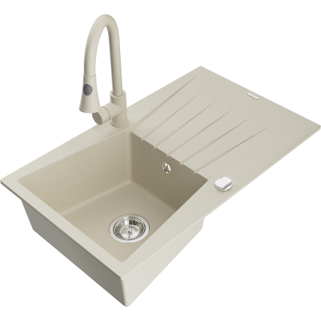 Mexen Cesar zlewozmywak granitowy 1-komorowy z ociekaczem i baterią kuchenną Elia, beżowy - 6514-69-670101-69